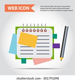 Illustration of copy-book for learning and writing, paper document with pencil web icon, vector.