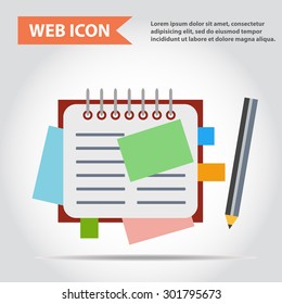 Illustration of copy-book for learning and writing, paper document with pencil web icon, vector.