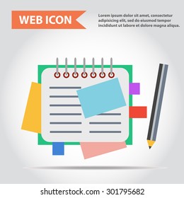 Illustration of copy-book for learning and writing, paper document with pencil web icon, vector.