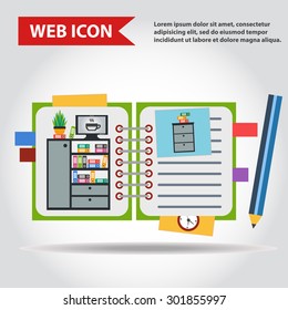 Illustration of copy-book for learning and writing, paper document with pencil web icon, vector. And with drawn  office furniture set, interior. Case, box with folders, television and plant.