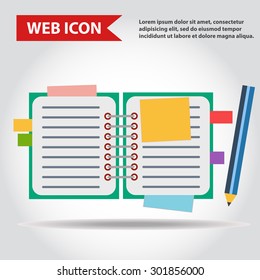 Illustration of copy-book for learning and writing, paper document with pencil web icon, vector.