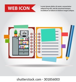 Illustration of copy-book for learning and writing, paper document with pencil web icon, vector. And with drawn  office furniture set, interior. Case, box with folders, television and plant.