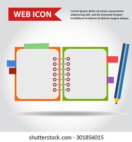 Illustration of copy-book for learning and writing, paper document with pencil web icon, vector.