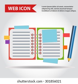 Illustration of copy-book for learning and writing, paper document with pencil web icon, vector.