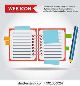 Illustration of copy-book for learning and writing, paper document with pencil web icon, vector.