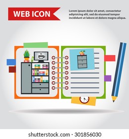 Illustration of copy-book for learning and writing, paper document with pencil web icon, vector. And with drawn  office furniture set, interior. Case, box with folders, television and plant.