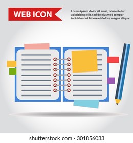 Illustration of copy-book for learning and writing, paper document with pencil web icon, vector.