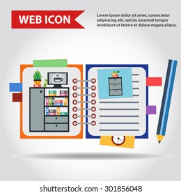Illustration of copy-book for learning and writing, paper document with pencil web icon, vector. And with drawn  office furniture set, interior. Case, box with folders, television and plant.