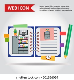 Illustration of copy-book for learning and writing, paper document with pencil web icon, vector. And with drawn  office furniture set, interior. Case, box with folders, television and plant.