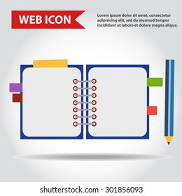 Illustration of copy-book for learning and writing, paper document with pencil web icon, vector.