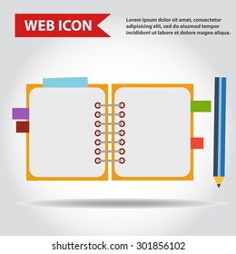 Illustration of copy-book for learning and writing, paper document with pencil web icon, vector.