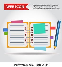 Illustration of copy-book for learning and writing, paper document with pencil web icon, vector.