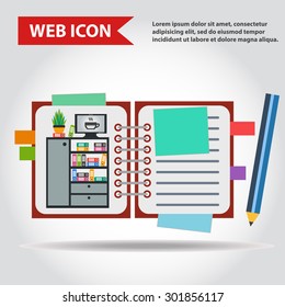 Illustration of copy-book for learning and writing, paper document with pencil web icon, vector. And with drawn  office furniture set, interior. Case, box with folders, television and plant.