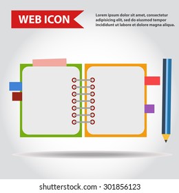 Illustration of copy-book for learning and writing, paper document with pencil web icon, vector.