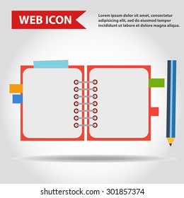 Illustration of copy-book for learning and writing, paper document with pencil web icon, vector.