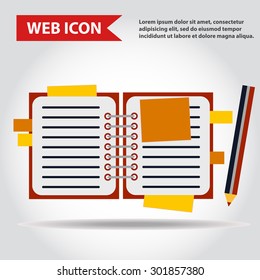 Illustration of copy-book for learning and writing, paper document with pencil web icon, vector.