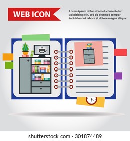 Illustration of copy-book for learning and writing, paper document web icon, vector. With drawn office furniture set, interior. Case, box with folders, television and plant.