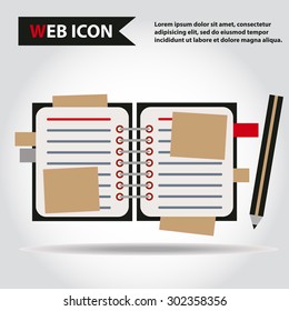 Illustration of copy-book for learning and writing, paper document with pencil web icon, vector.