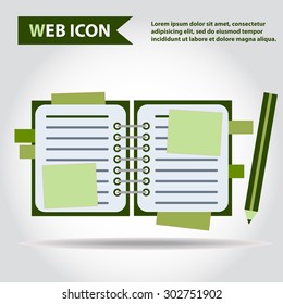 Illustration of copy-book for learning and writing, paper document with pencil web icon, vector.