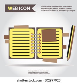Illustration of copy-book for learning and writing, paper document with pencil web icon, vector.