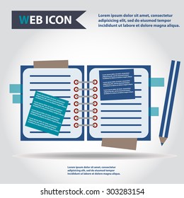 Illustration of copy-book for learning and writing, paper document with pencil web icon, vector.