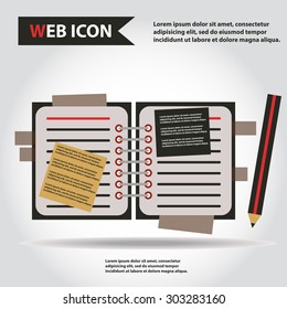 Illustration of copy-book for learning and writing, paper document with pencil web icon, vector.