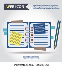 Illustration of copy-book for learning and writing, paper document with pencil web icon, vector.