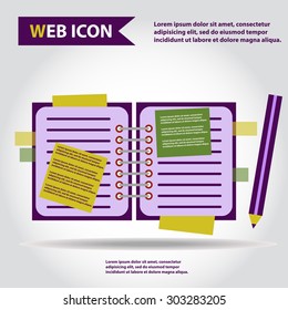 Illustration of copy-book for learning and writing, paper document with pencil web icon, vector.