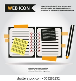 Illustration of copy-book for learning and writing, paper document with pencil web icon, vector.