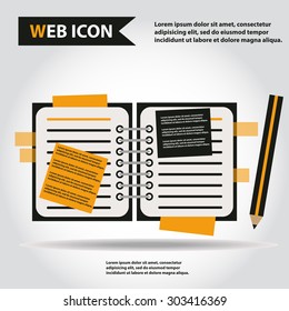 Illustration of copy-book for learning and writing, paper document with pencil web icon, vector.