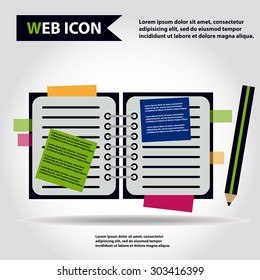 Illustration of copy-book for learning and writing, paper document with pencil web icon, vector.