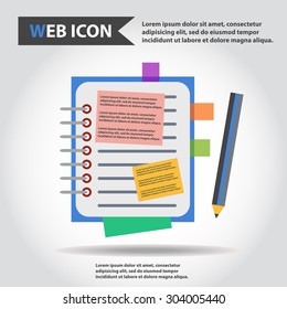 Illustration of copy-book for learning and writing, paper document with pencil web icon, vector.