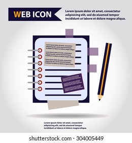 Illustration of copy-book for learning and writing, paper document with pencil web icon, vector.