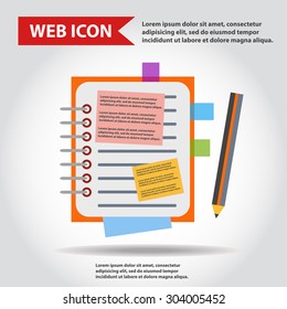 Illustration of copy-book for learning and writing, paper document with pencil web icon, vector.