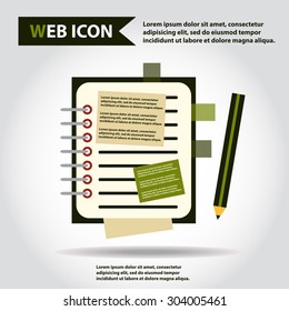 Illustration of copy-book for learning and writing, paper document with pencil web icon, vector.