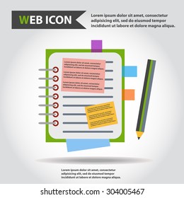 Illustration of copy-book for learning and writing, paper document with pencil web icon, vector.