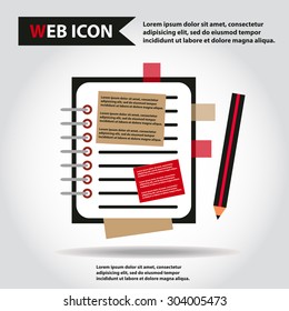 Illustration of copy-book for learning and writing, paper document with pencil web icon, vector.
