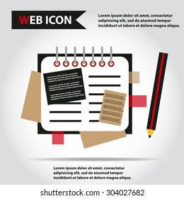 Illustration of copy-book for learning and writing, paper document with pencil web icon, vector.