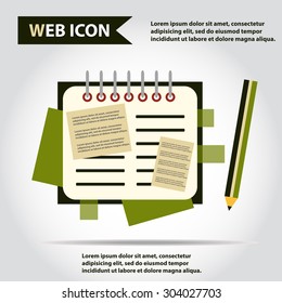 Illustration of copy-book for learning and writing, paper document with pencil web icon, vector.