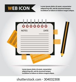 Illustration of copy-book for learning and writing, paper document with pencil web icon, vector.