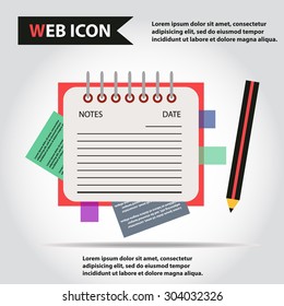 Illustration of copy-book for learning and writing, paper document with pencil web icon, vector.