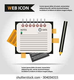 Illustration of copy-book for learning and writing, paper document with pencil web icon, vector. Personal organizer.