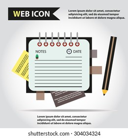 Illustration of copy-book for learning and writing, paper document with pencil web icon, vector. Personal organizer.