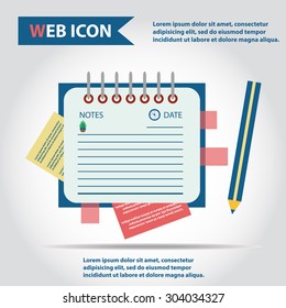 Illustration of copy-book for learning and writing, paper document with pencil web icon, vector. Personal organizer.