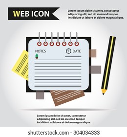 Illustration of copy-book for learning and writing, paper document with pencil web icon, vector. Personal organizer.