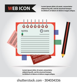 Illustration of copy-book for learning and writing, paper document with pencil web icon, vector. Personal organizer.