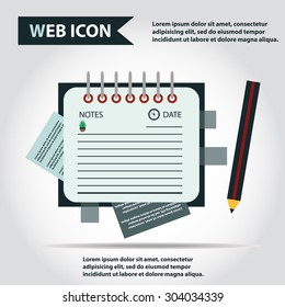 Illustration of copy-book for learning and writing, paper document with pencil web icon, vector. Personal organizer.