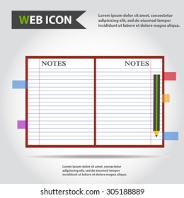 Illustration of copybook for learning and writing, paper document with pencil web icon, vector.