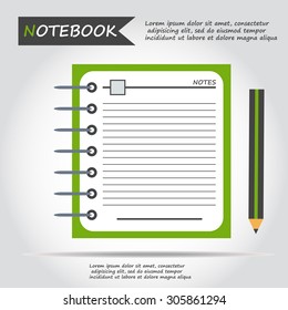 Illustration of copybook for learning and writing, paper document with pencil web icon, vector.