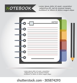 Illustration of copybook for learning and writing, paper document with pencil web icon, vector.